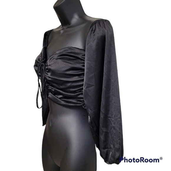 Blue Blush Black Satin Lace Up Tie Front Off The Shoulders Crop Top - Picture 3 of 10